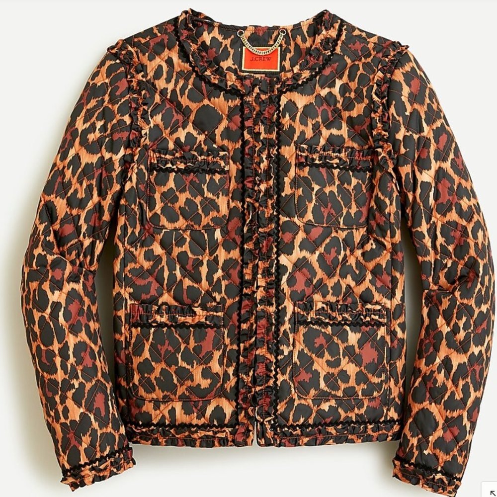 NWT J. Crew Quilted lady jacket in leopard with PrimaLoft®, Size 2